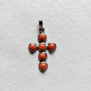 Vintage Sterling and Coral Cross Pendant